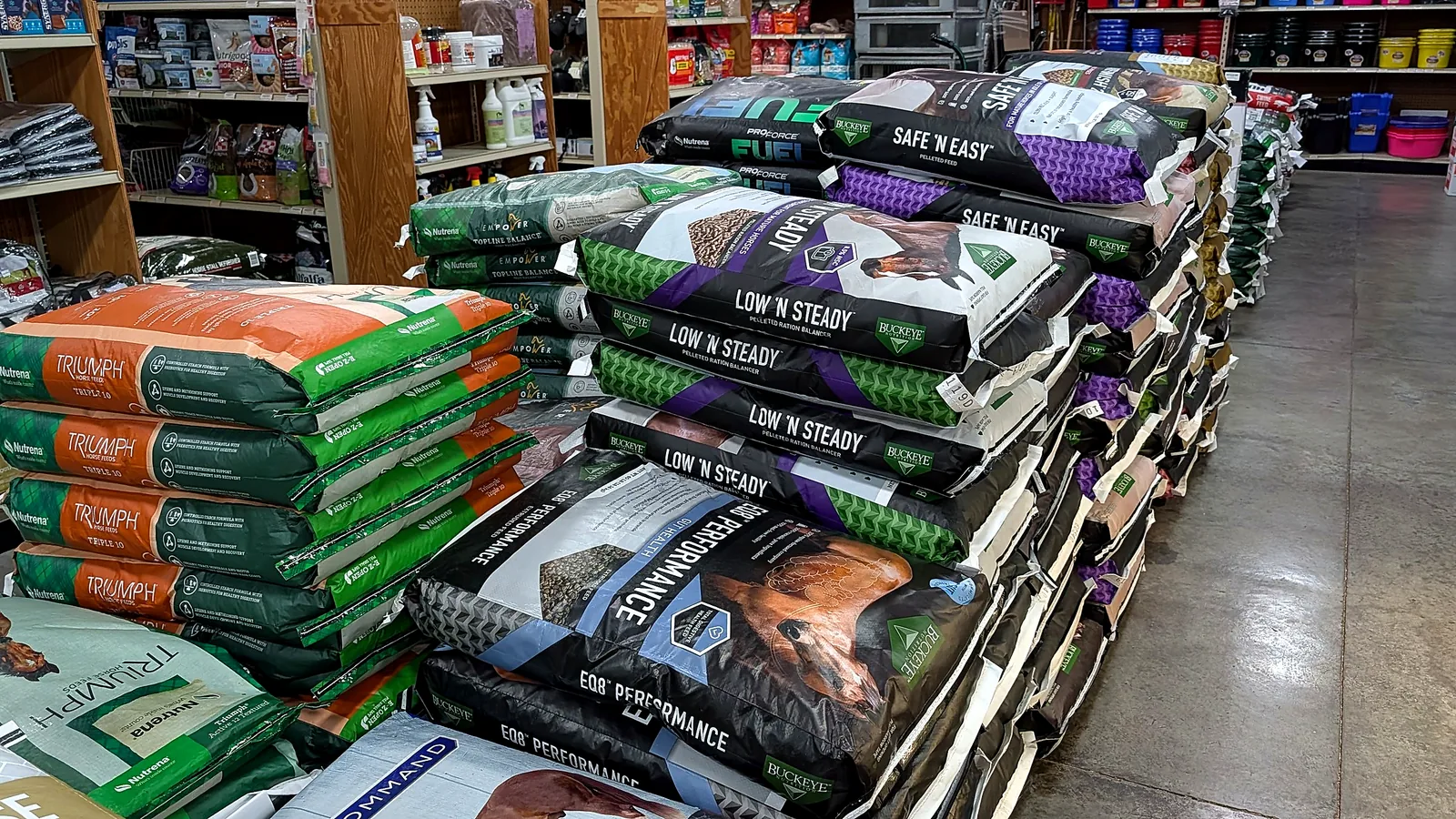 Horse feed stacked inside Farm Choice Country Store